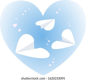 vector illustration of paper airplanes shaped as hearts flying in the blue sky spreading tiny hearts