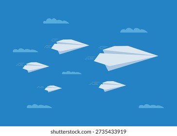Vector illustration of paper airplanes soaring through a cloudy blue sky, representing leadership and goal achievement.