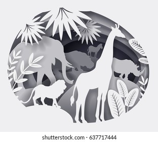 Vector illustration of paper art. African animals elephant, giraffe, lion, rhino, hippo, zebra. Leaf of palm, exotic plants. Black and white. Template for design of text, cover, tutorial for children