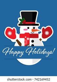 Vector illustration of Paper art carving of snowman under "Happy Holidays!" text in white on blue background. Vector illustration background paper art style. Design for Xmas and New year holidays.