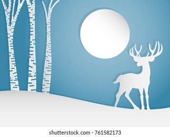 Vector illustration of Paper art carving of male deer on the hill near the tree under full moon and blue sky background. Vector illustration background paper art style for Xmas and New year hoildays.