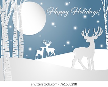 Vector illustration of Paper art carving of deers on the snow hill near the tree under snowflake and 