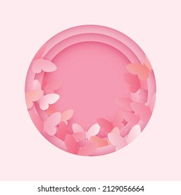 Vector illustration of paper art circle frame with butterfly in sweet color theme. Cute background with round template for text or other art works.