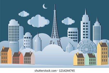 Vector and illustration paper art and craft Style of winter season greeting card with modern building city in cool tone color