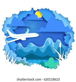 Vector illustration. Paper art and craft style. Cloudy sky appears through layers with airplane. Mountains, sun, river - landscape concept. Paper cut for the theme of travel, vacation, adventure