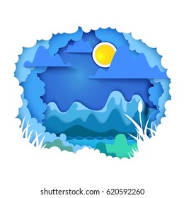 Vector illustration. Paper art and craft style. Cloudy sky appears through layers. Mountains, sun, river - landscape concept. Paper cut for the theme of travel, vacation, adventure. Tunnel book