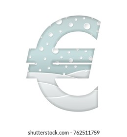 vector illustration of paper art cut currency sign of Euro symbol with winter landscape with multi layers and shadows effect isolated on white background