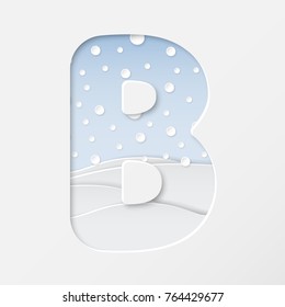 vector illustration of paper art cut letter B with winter landscape with multi layers and shadows effect
