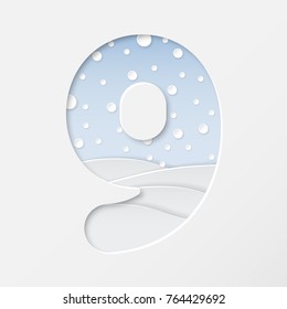 vector illustration of paper art cut number nine with winter landscape with multi layers and shadows effect