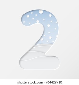 vector illustration of paper art cut number two with winter landscape with multi layers and shadows effect