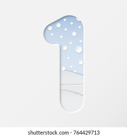 vector illustration of paper art cut number one with winter landscape with multi layers and shadows effect