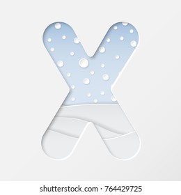 vector illustration of paper art cut letter X with winter landscape with multi layers and shadows effect