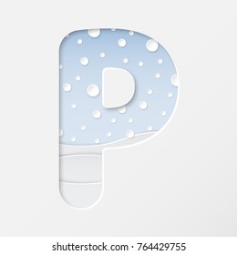 vector illustration of paper art cut letter P with winter landscape with multi layers and shadows effect