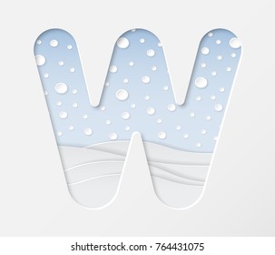 vector illustration of paper art cut letter W with winter landscape with multi layers and shadows effect