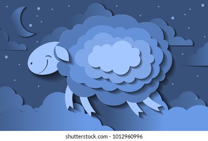 Vector illustration. Paper art. Cute sheep in the clouds in the night sky.