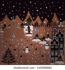 Vector illustration. Paper art of happy new year house with on brown, gray and beige colors hills. Paper art carving.