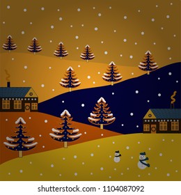 Vector illustration. Paper art of happy new year house with on yellow, black and orange colors hills. Paper art carving.
