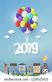 Vector Illustration. paper art of happy new year balloon 2019 village home&house  with blue sky.Paper art carving