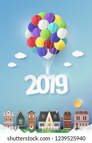 Vector Illustration. paper art of happy new year balloon 2019 home  with blue sky.Paper art carving