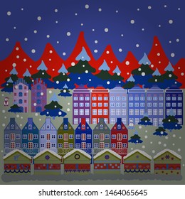 Vector illustration. Paper art of happy new year house with on gray, blue and red colors hills. Paper art carving.