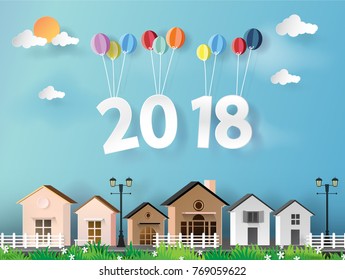 Vector Illustration. paper art of happy new year 2018 house  with blue sky.Paper art carving