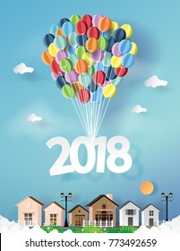 Vector Illustration. paper art of happy new year balloon 2018 house  with blue sky.Paper art carving