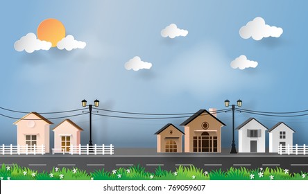 Vector Illustration. Paper Art Of House In Green Field With Sky.Paper Art Carving