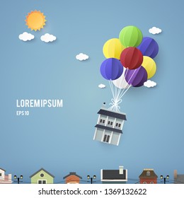 Vector Illustration. paper art of idea balloons with blue sky.Pa