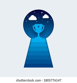 Vector illustration of paper art meaning success concept with stair step up to trophy