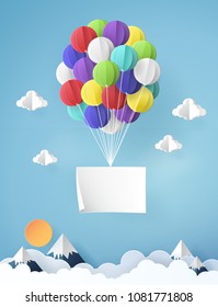 Vector Illustration. paper art note paper balloon with blue sky.Paper art carving