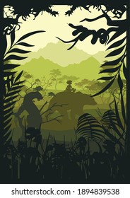 Imagen vectorial del arte de papel. Afiche sobre Mowgli en el gradiente verde de la jungla.