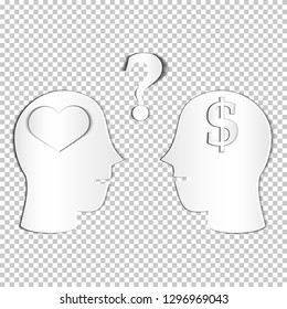 Vector illustration in paper art style - Problem Solving Concept - Man Thinking - With Heart (Love) and $ (Money) Sign - Creative Idea. Infographic design. Vector illustration. Web site, UI. EPS10
