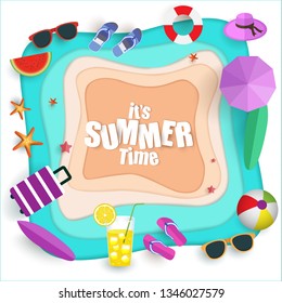 vector illustration paper art style. the beach scene from the top in summer