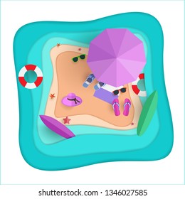 vector illustration paper art style. the beach scene from the top in summer