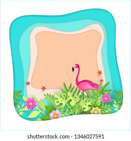 vector illustration paper art style. the beach scene in summer with flamingo
