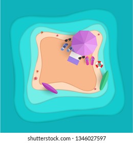 vector illustration paper art style. the beach scene from the top in summer