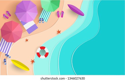 vector illustration paper art style. the beach scene from the top in summer