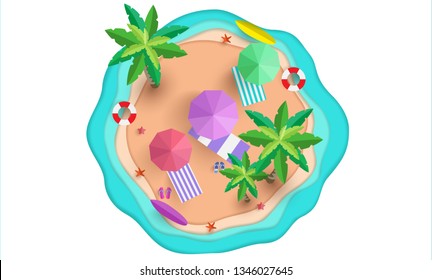 estilo de arte de papel ilustrado vectorial. la playa desde lo alto en verano