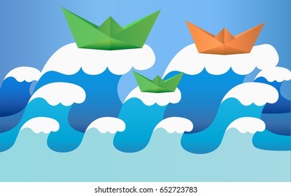 vector illustration. Paper art style of wave and boat. business idea.