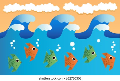 vector illustration. Paper art style of wave and fish. business idea.