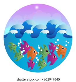 vector illustration. paper art style of fish with beautiful sky and happy summer. business idea of decoration
