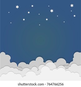 vector illustration paper art style stars and cloud in midnight
