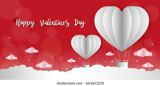 Vector illustration, Paper art of Valentine invitation or greeting card with hot air balloons heart flying with blurry bokeh on red background, Valentine's day concept
