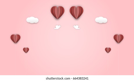 Vector illustration paper art Valentine's day or sweet background concept birds flying in pink sky with red heart balloon clouds and pillar-copy space for your text