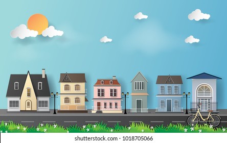 Vector Illustration. Paper Art Of Villa House And Blue Sky.Paper Art Carving
