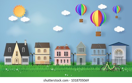 Vector Illustration. paper art of villa house with balloon and blue sky.Paper art carving