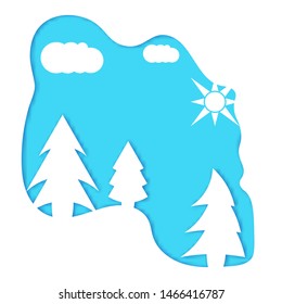 Vector illustration. Paper Art. Winter landscape with Christmas trees