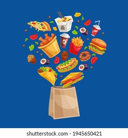 Bolsa de papel de ilustración vectorial llena con aperitivos de comida rápida.