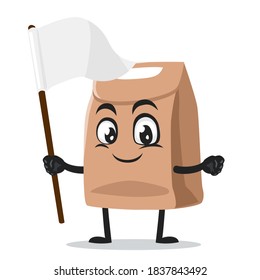 vector illustration of paper bag mascot or character holding blank white banner