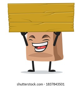 vector illustration of paper bag mascot or character holding blank wooden